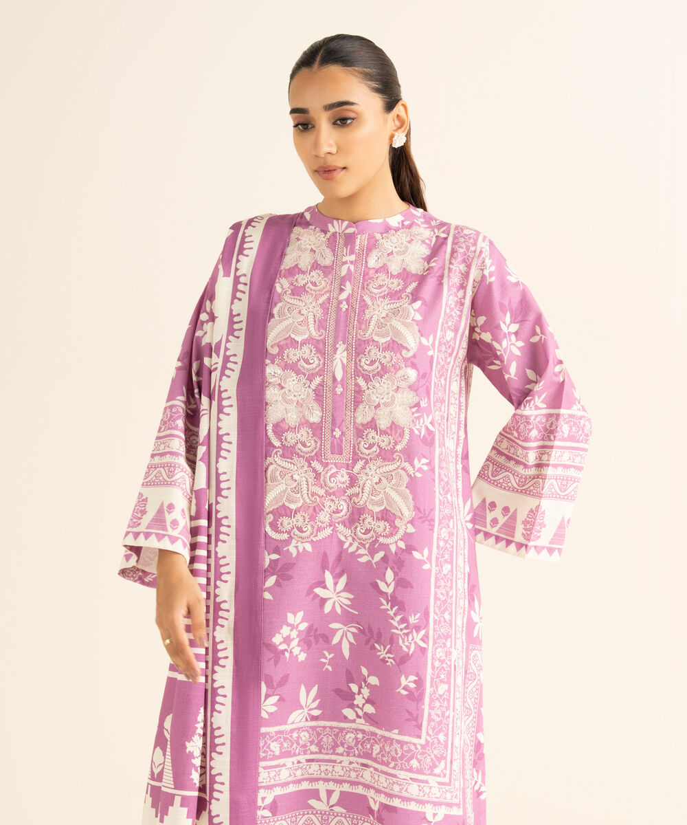 Women's Unstitched Light Khaddar Embroidered Purple 3 Piece Suit