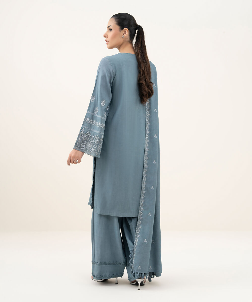 Women's Unstitched Embroidered Linen Aqua Blue 3 Piece Suit
