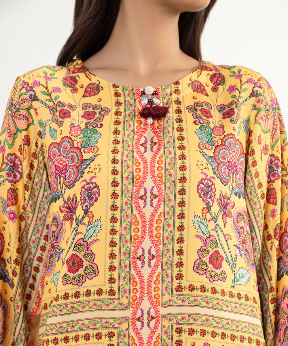 Women's RTW Premium Visocose Satin Printed Yellow 2 Piece Suit