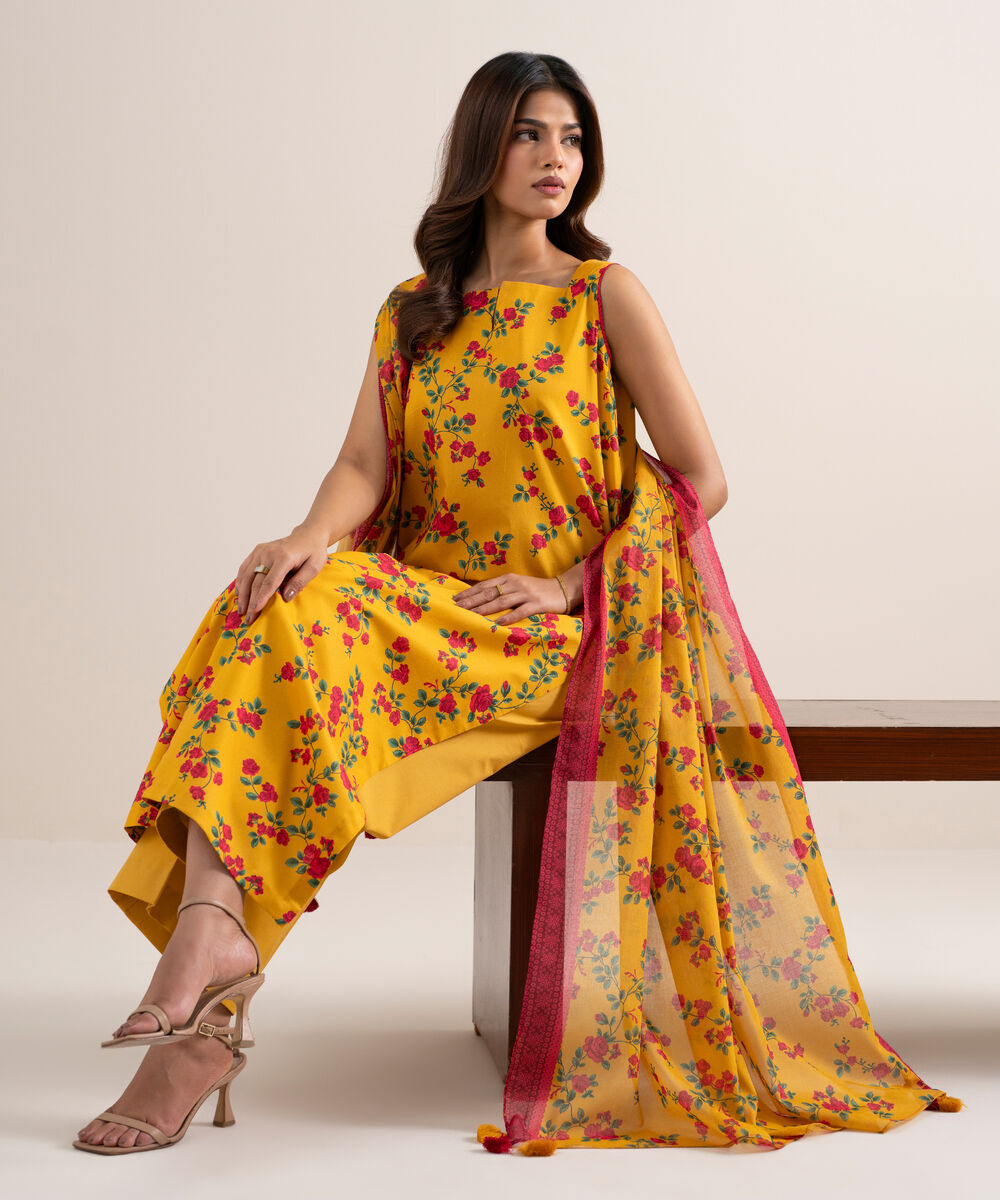 Women's Unstitched Lawn Printed Yellow 3 Piece Suit