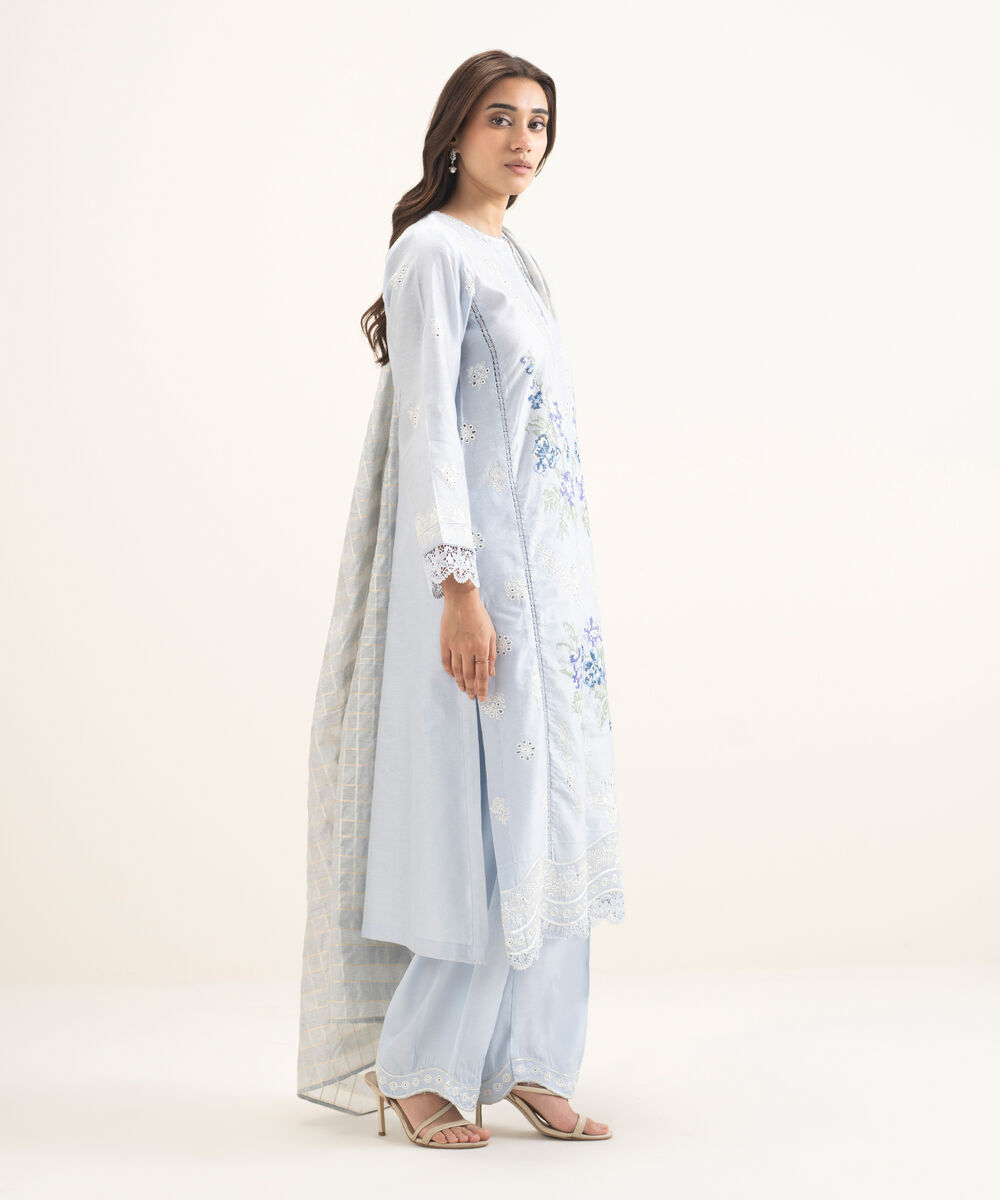 Women's RTW Silk Cotton Net Embroidered Blue 3 Piece Suit