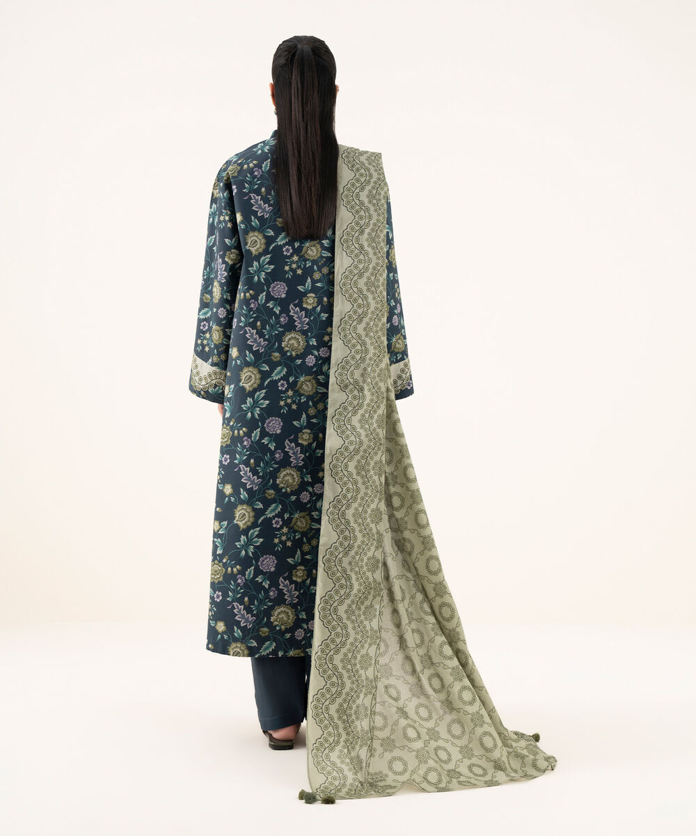 Women's Unstitched Cotton Printed Blue Three Piece Suit