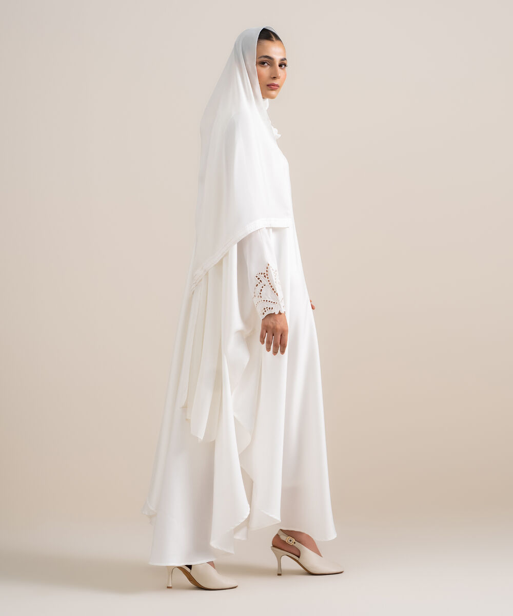 Women's White Embroidered Kaftan Abaya Set