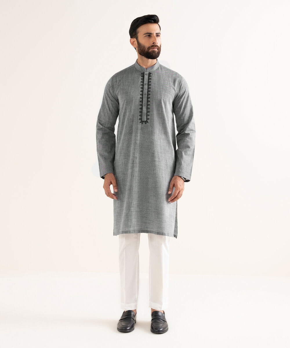 Men's Yarndyed Wash & Wear Embroidered Grey Kurta
