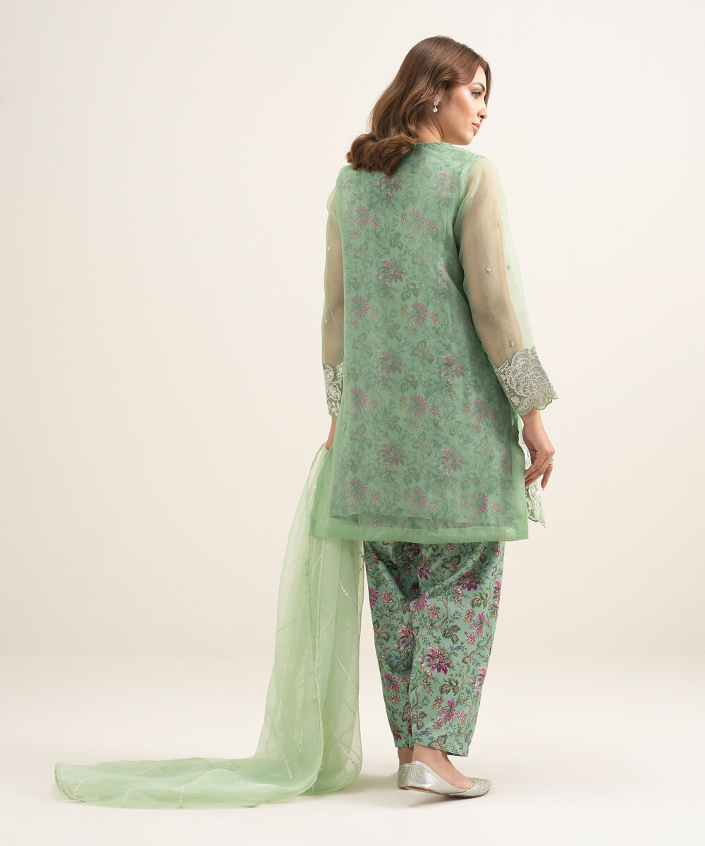 Women's RTW Blended Organza Embroidered Green 3 Piece Suit