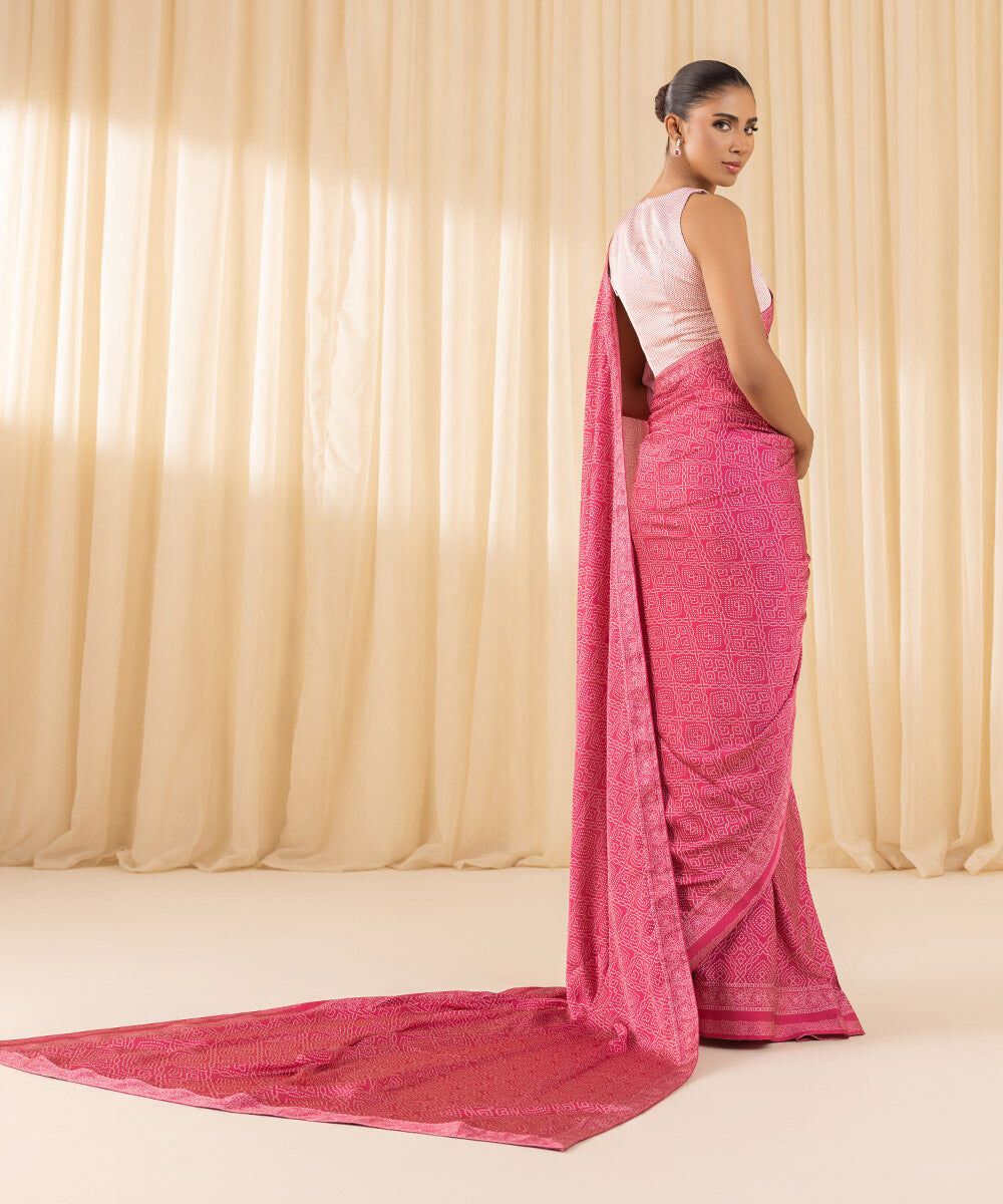 Women's Unstitched Embroidered Blended Satin Pink Saree