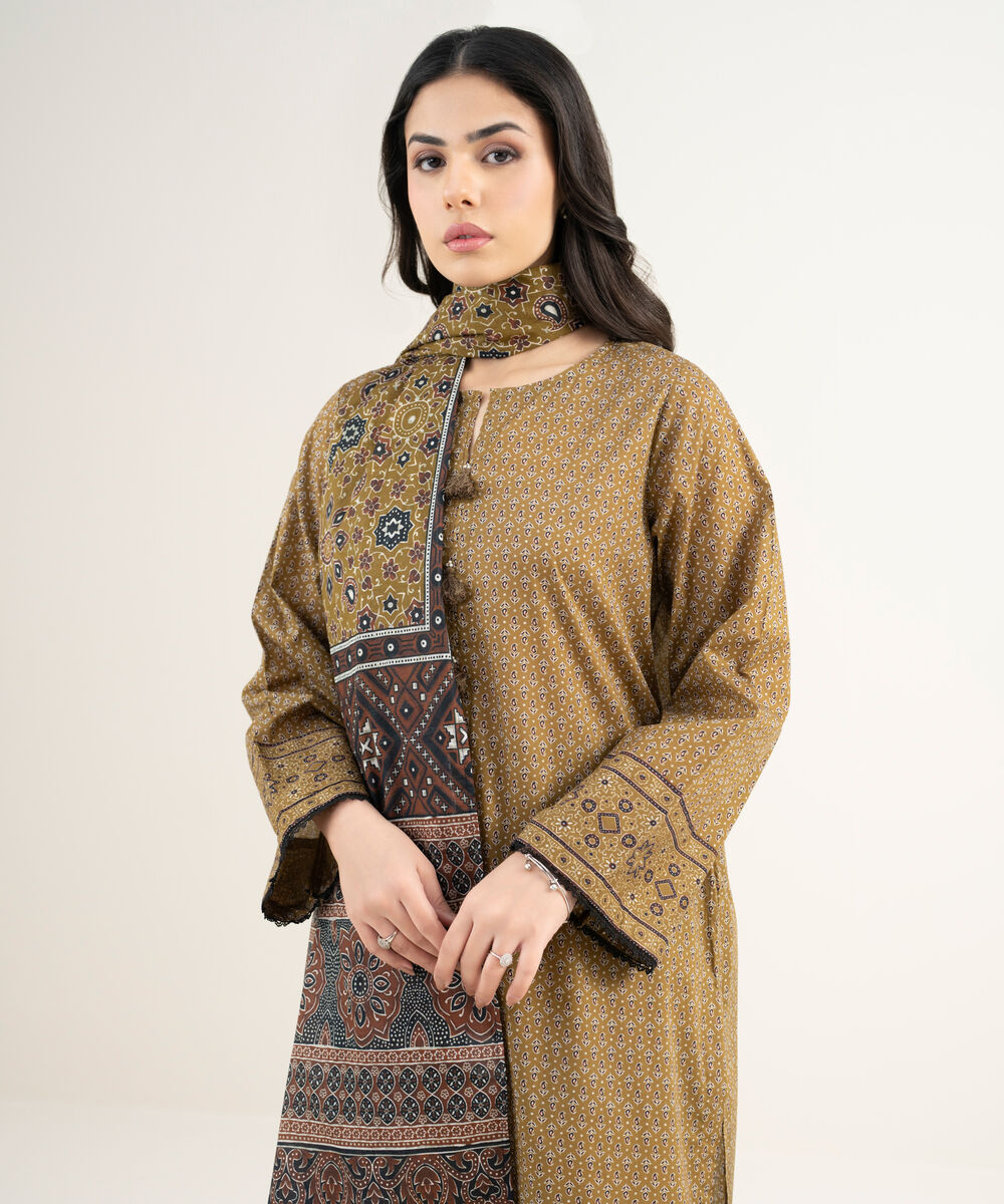 Women's RTW Lawn Printed Mustard Brown 3 Piece Suit