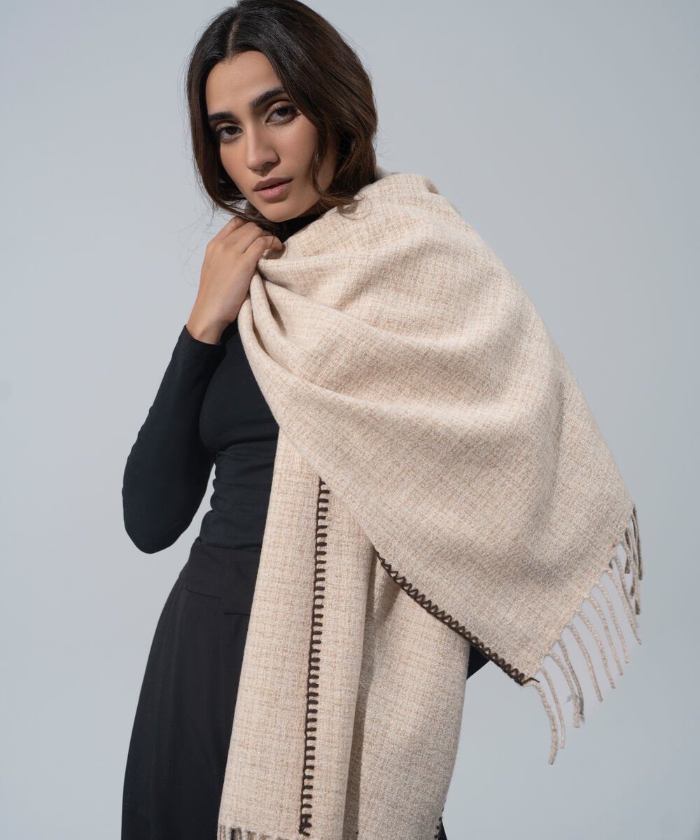 Women's Western Wear Ecru Polyester Textured Woolen Scarf