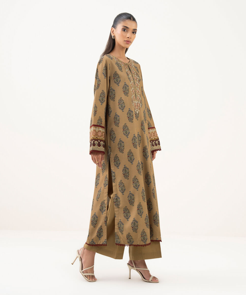 Women's RTW Cotton Viscose Embroidered Straight Brown Shirt