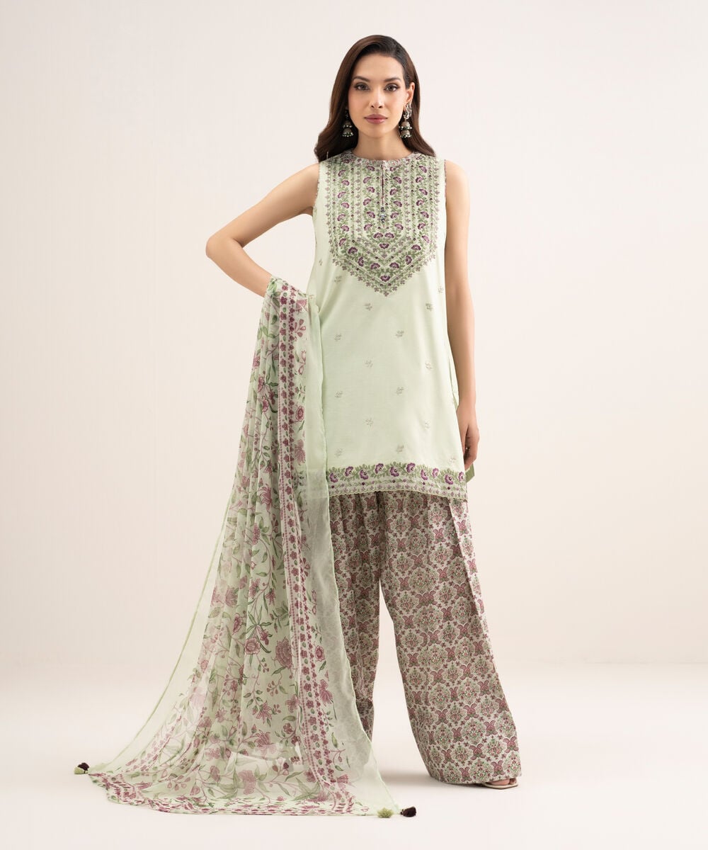 Women's Unstitched Textured Lawn Embroidered Green 3 Piece Suit