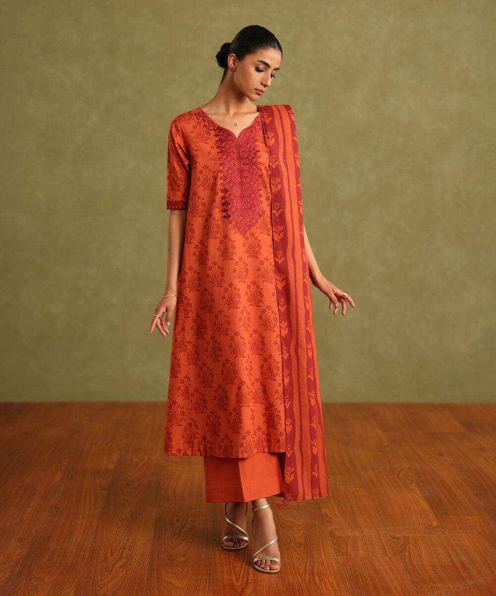 Women's Unstitched Lawn Embroidered Orange 3 Piece Suit