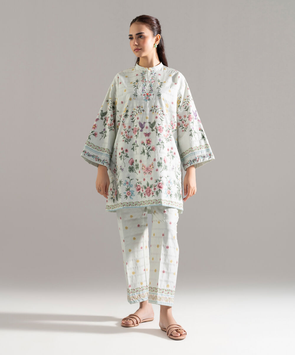 Women's RTW Seersucker Printed Green Drop Shoulder Shirt