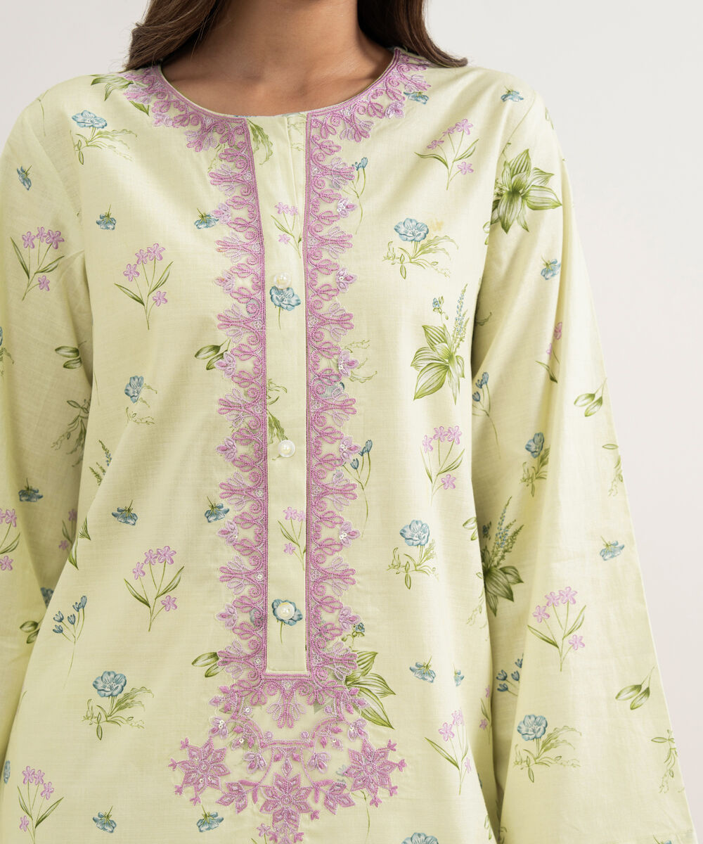Women's RTW Cambric Embroidered Mint Green Straight Shirt