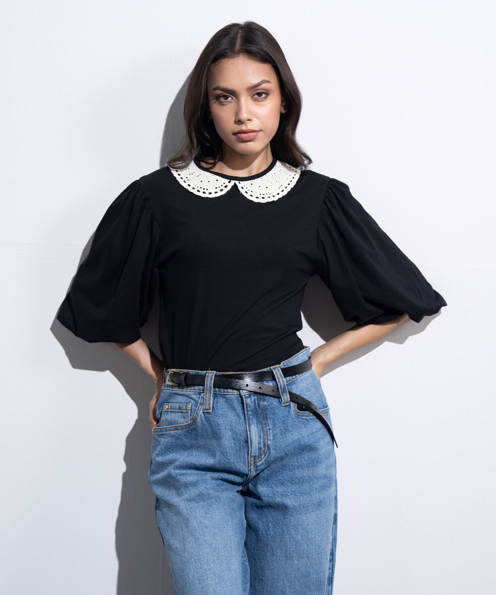 Women's Western Black Embroidered Collar Top