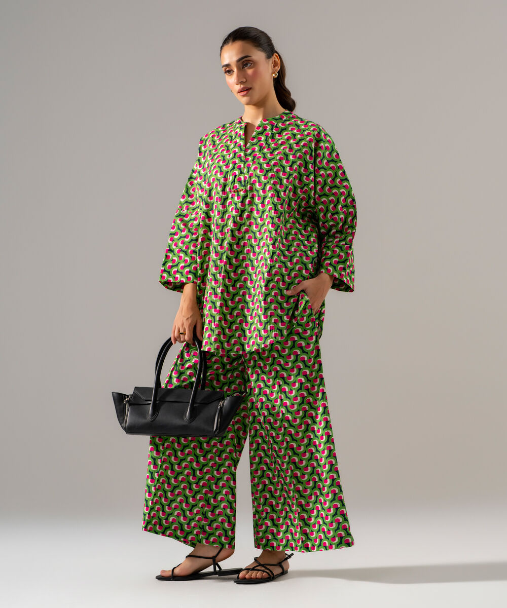 Women's RTW Seersucker Printed Green 2 Piece Suit