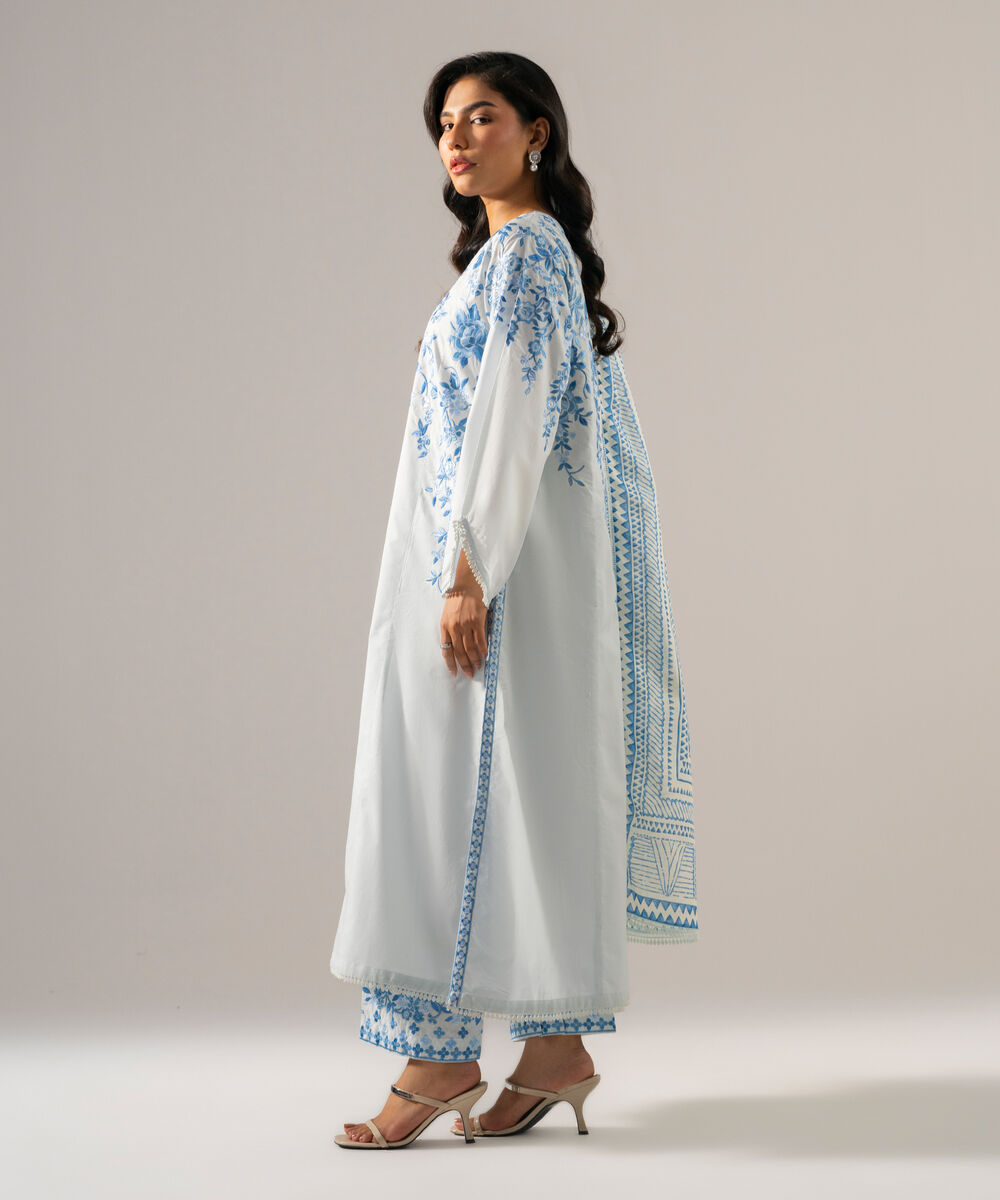 Women's RTW Cambric Solid Embroidered Blue 3 Piece Suit