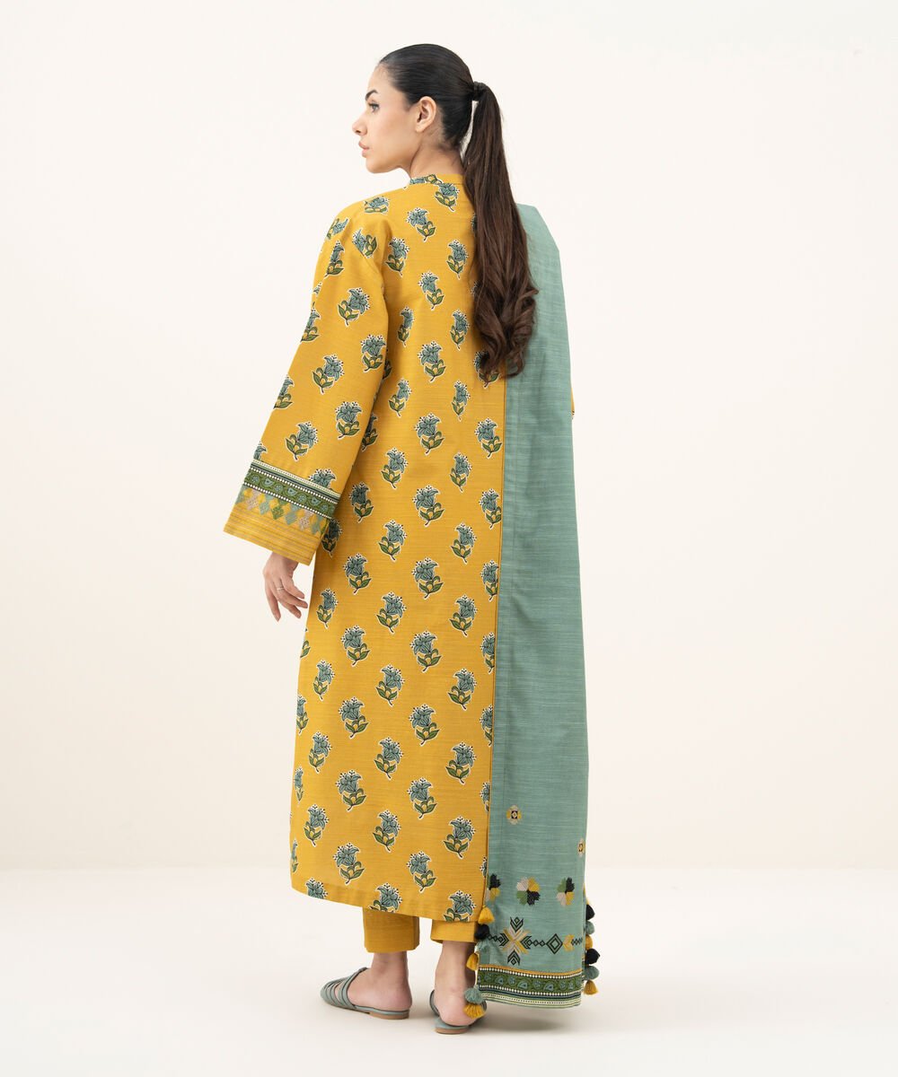Women's Unstitched Printed Khaddar Mustard 3 Piece Suit