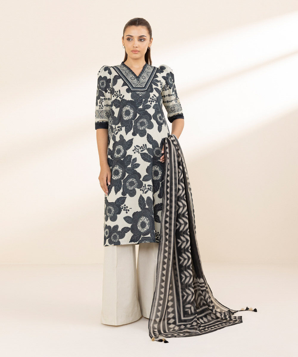 Unstitched Women's Printed Lawn Black Three Piece Suit