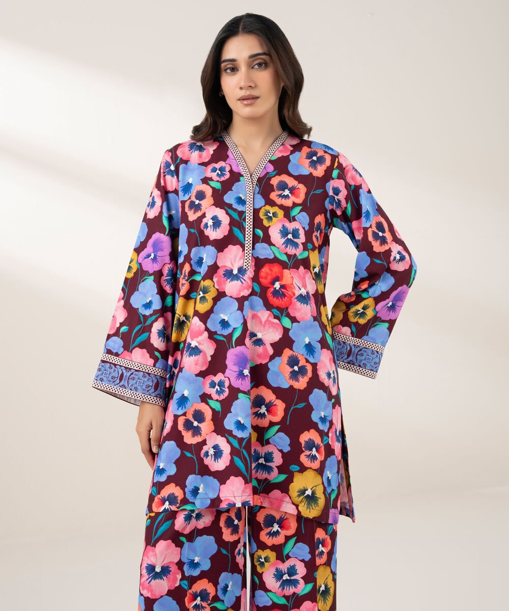 Women's RTW Viscose Linen Embroidered Drop Shoulder Purple Shirt