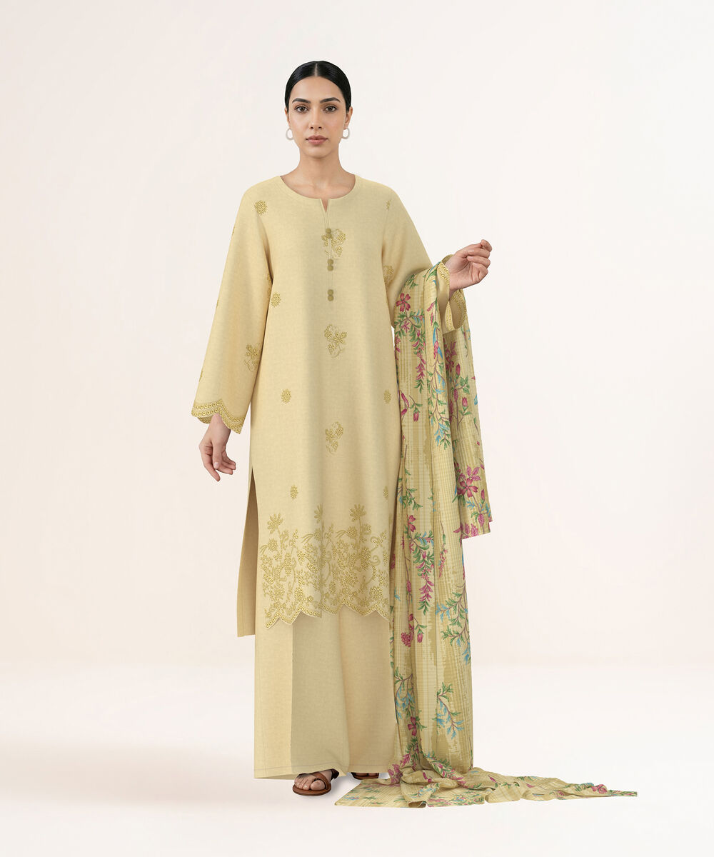 Women's Unstitched Self Jacquard Dull Yellow Embroidered 3 Piece Suit