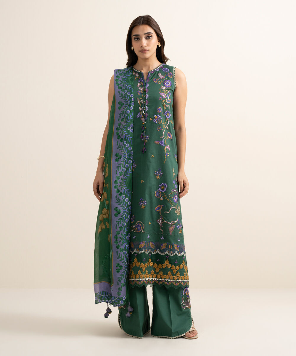 Women's Unstitched Textured Lawn Embroidered Green 3 Piece Suit