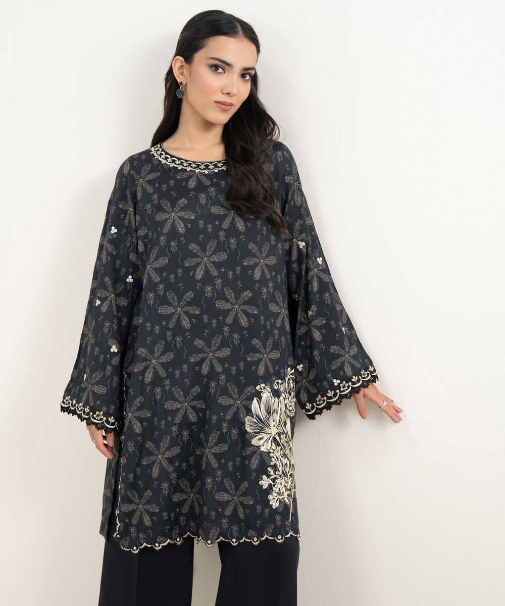 Women's RTW Viscose Raw Silk Embroidered Black Straight Shirt
