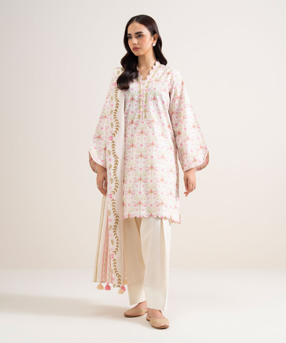 Women's Unstitched Lawn Printed Off White & Pink 3 Piece Suit