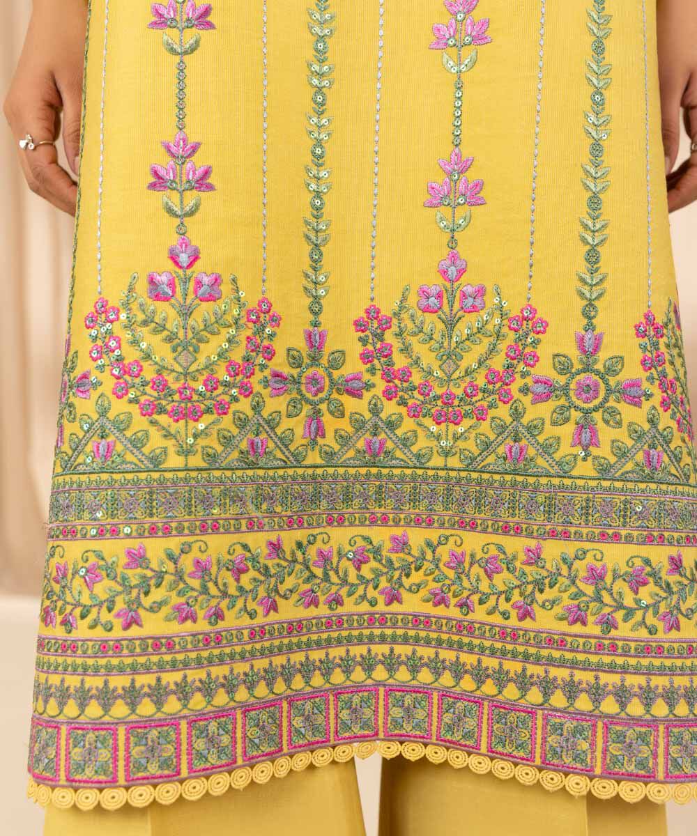 Unstitched Women's Embroidered Cotton Net Yellow Three Piece Suit