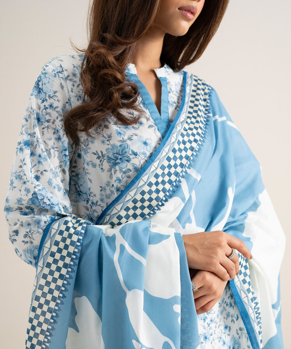 Women's Unstitched Lawn Printed White and Blue 3 Piece Suit
