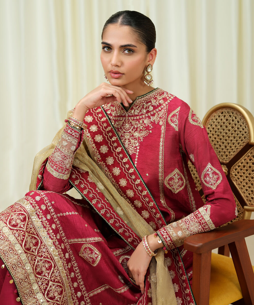Women's Unstitched Raw Silk Embroidered Pink 3 Piece Suit