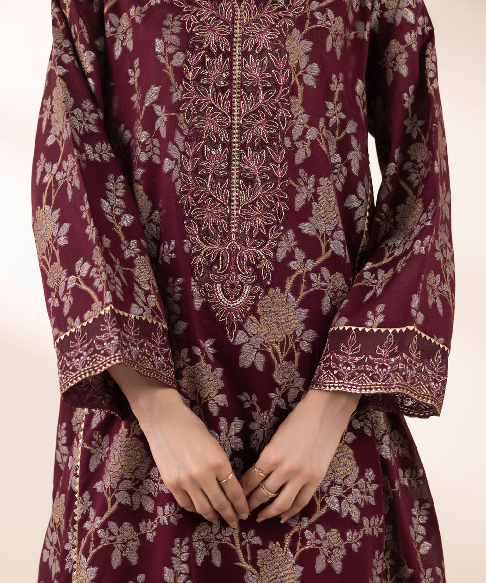 Women's RTW Extra Weft Jacquard Red Embroidered A-Line Shirt