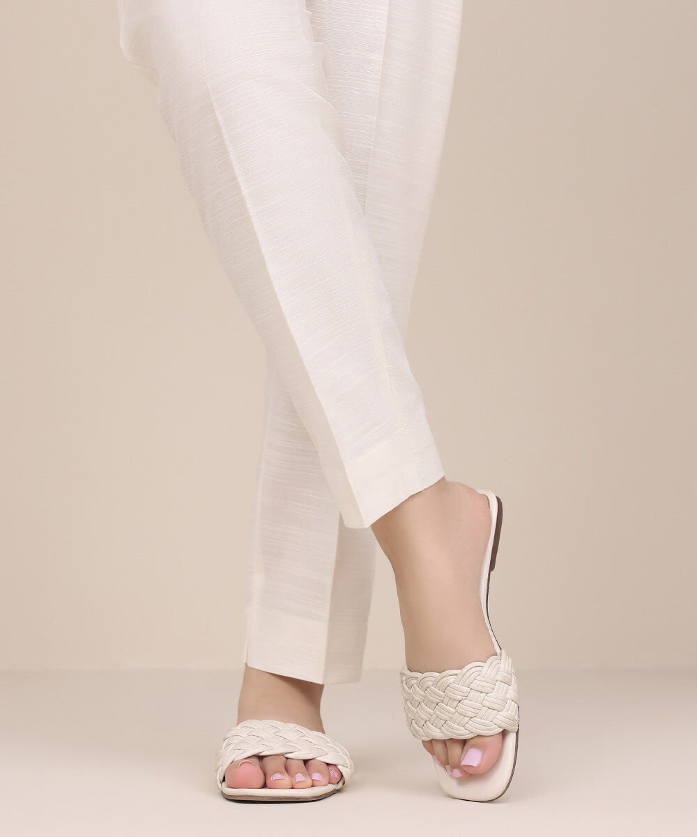 Khaddar Cigarette Pants Women's Pret Khaddar Off White Solid Cigarette Pants