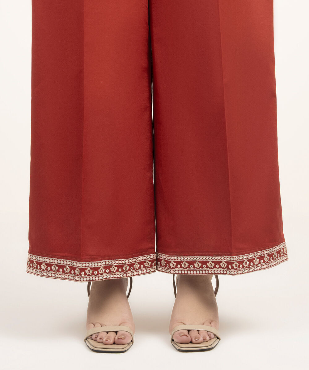 Women's RTW Cambric Embroidered Dark Orange Flared Pants