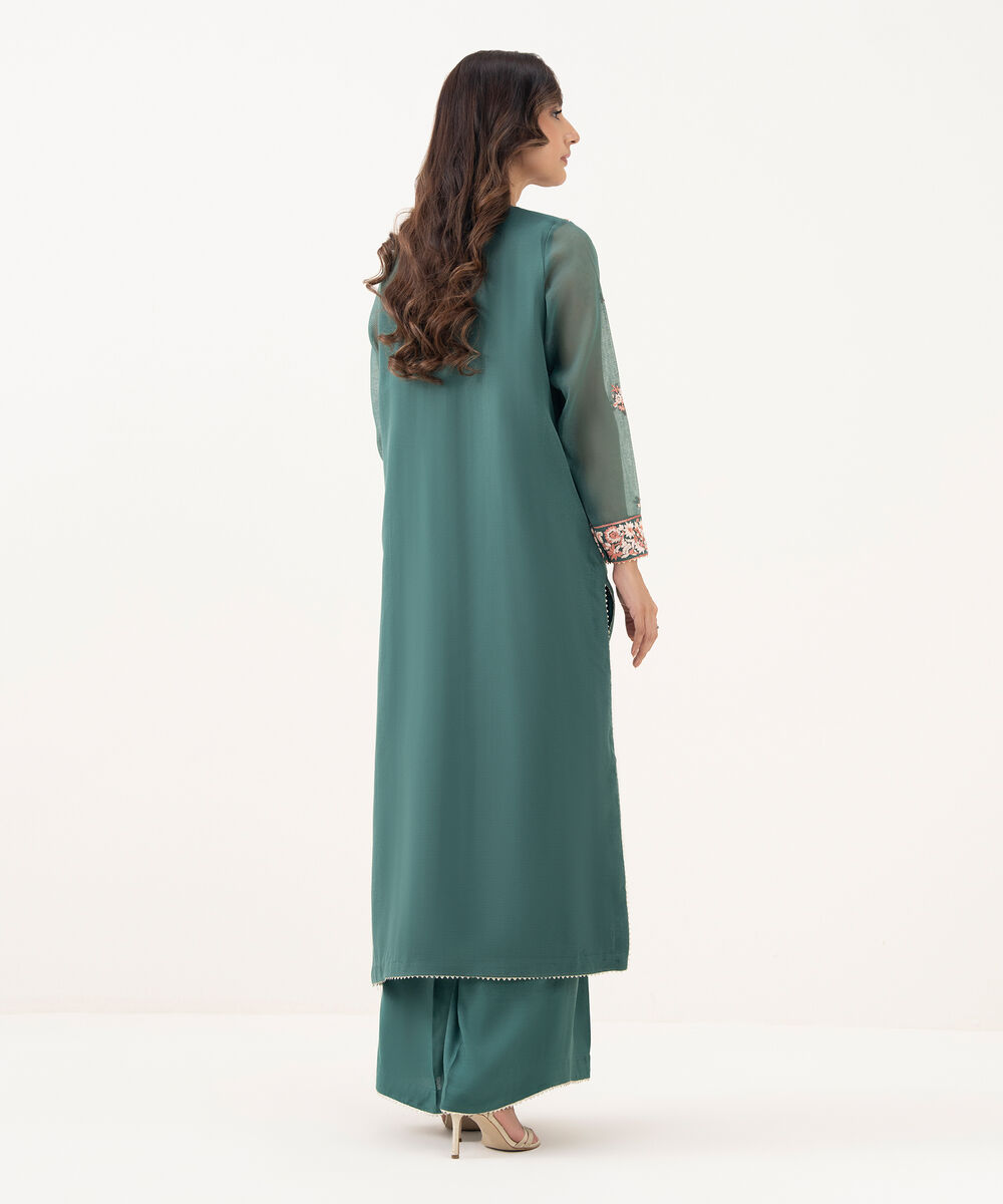 Women's RTW Blended Textured Karandi Embroidered A-Line Green Shirt
