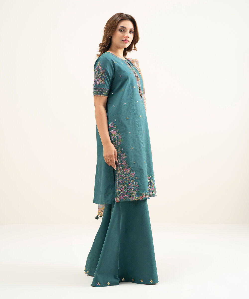 Women's Unstitched Lawn Green Embroidered 3 Piece Suit