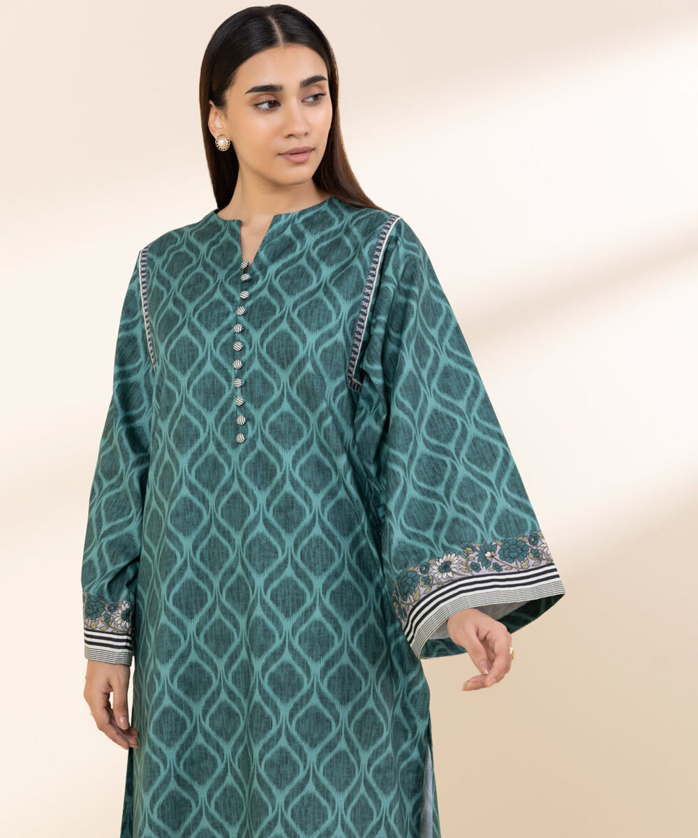 Unstitched Women's Green Lawn Printed Shirt Trousers