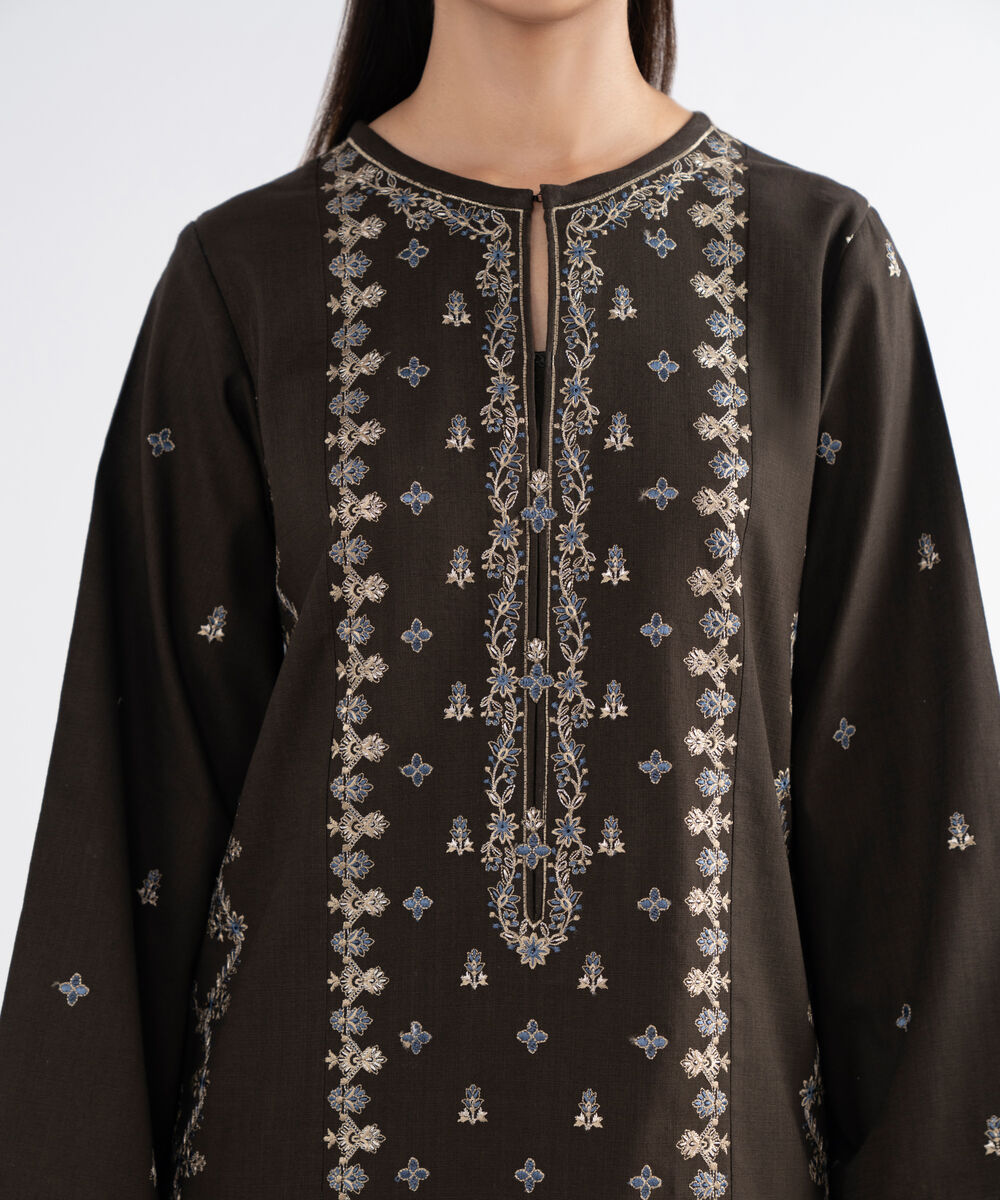 Women's Unstitched Cross Hatch Embroidered Brown 3 Piece Suit