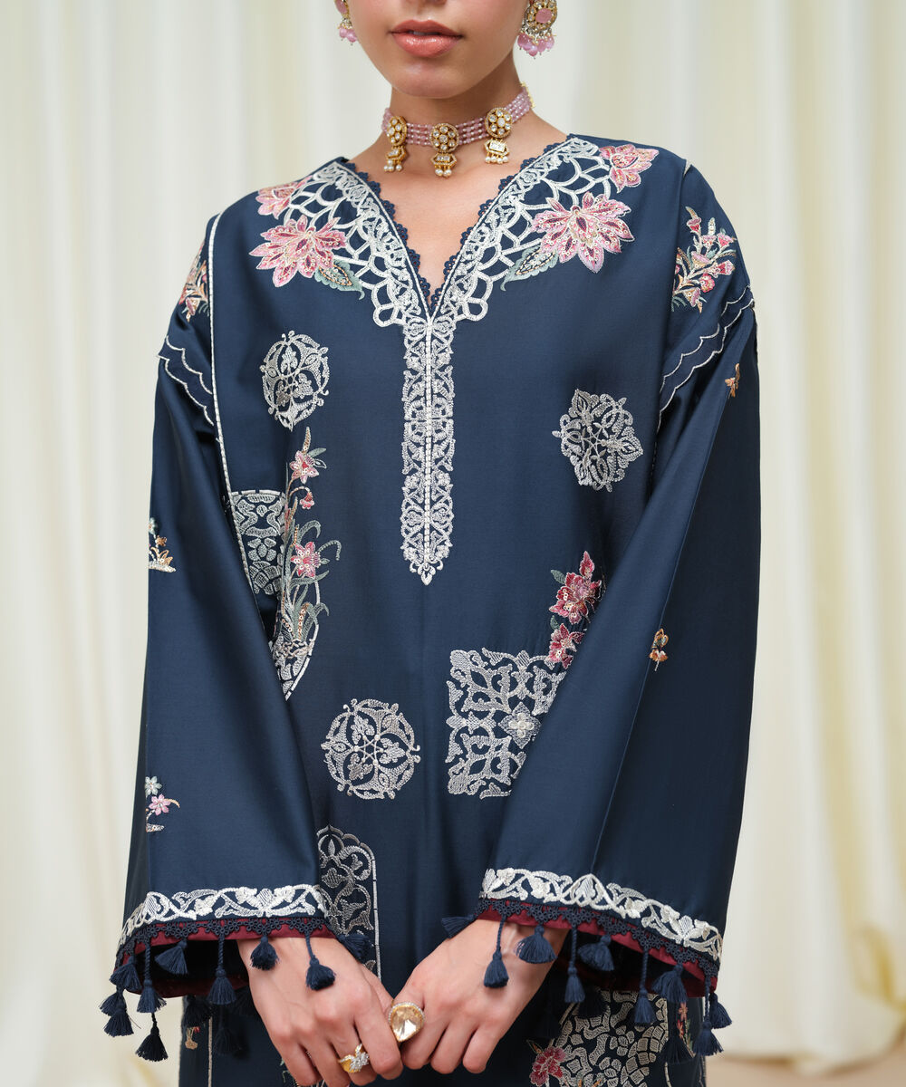 Women's Unstitched Fine Cotton Satin Embroidered Blue 3 Piece Suit