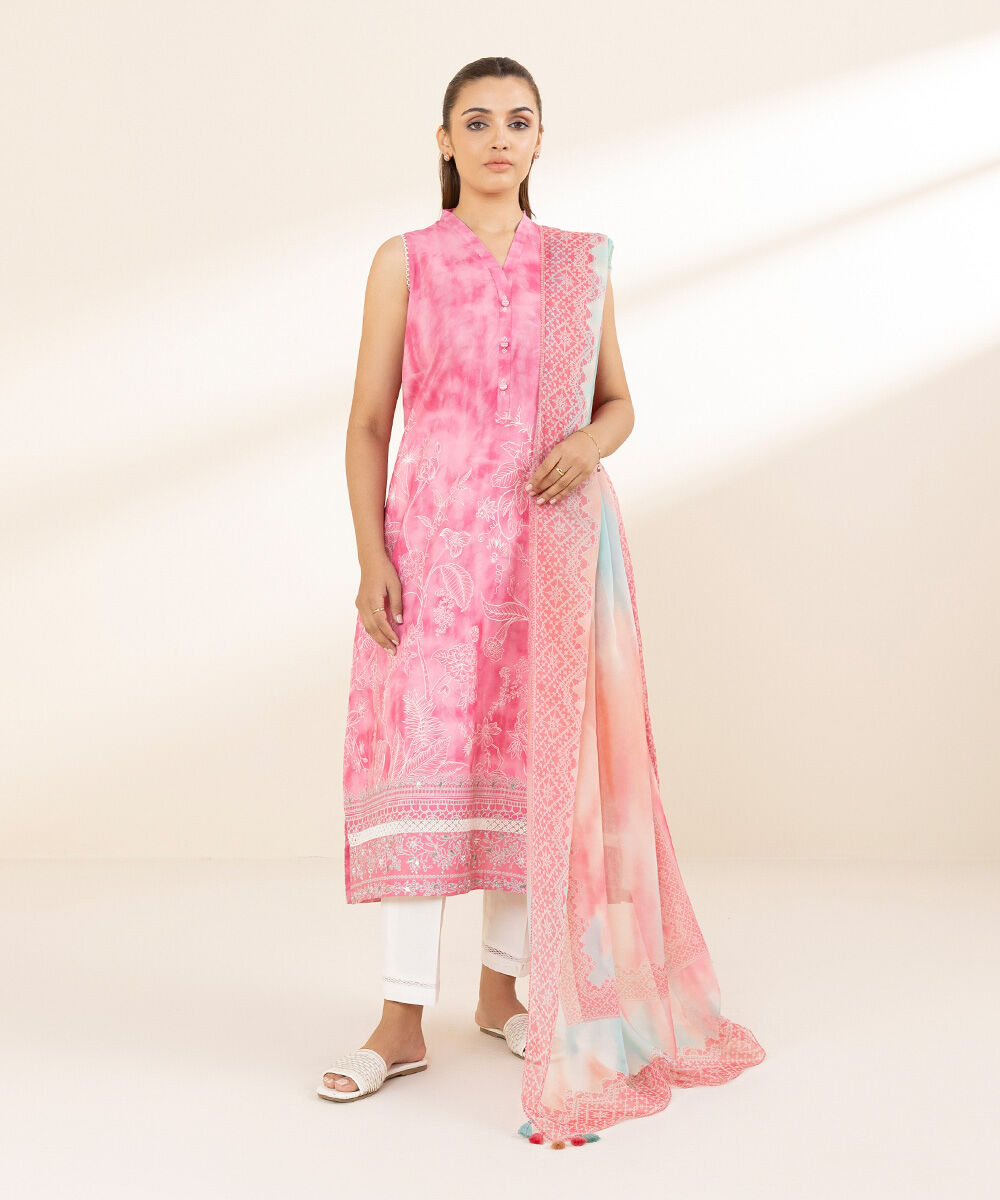 Unstitched Women's Printed Lawn Pink Two Piece Suit