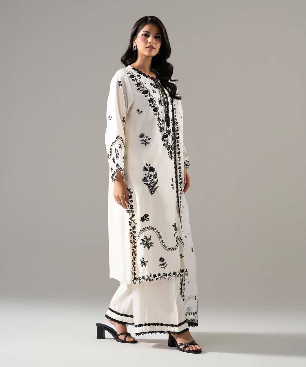Women's RTW Raw Silk Solid Embroidered Off White 3 Piece Suit