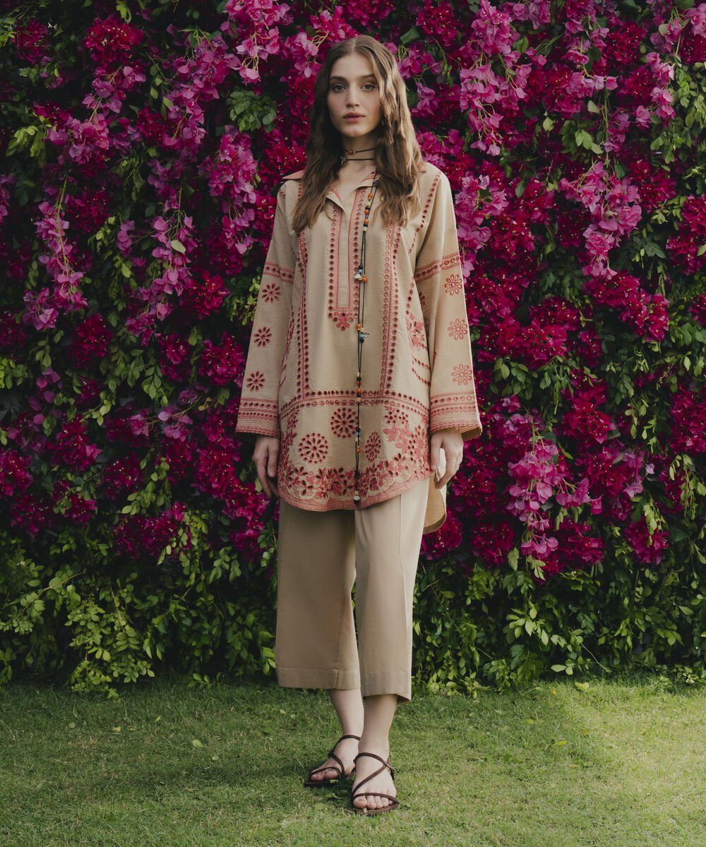 Embroidered Crosshatch Shirt Women's RTW Cross Hatch Beige Embroidered Boxy Shirt