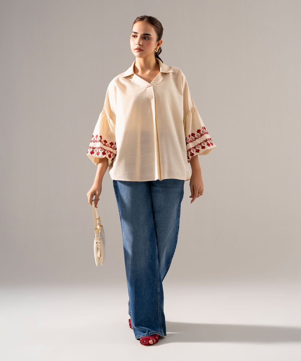 Women's RTW Khaddar Solid Embroidered Off White Straight Shirt