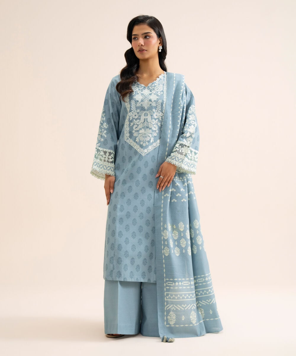Women's Unstitched Light Khaddar Embroidered Light Blue 3 Piece Suit