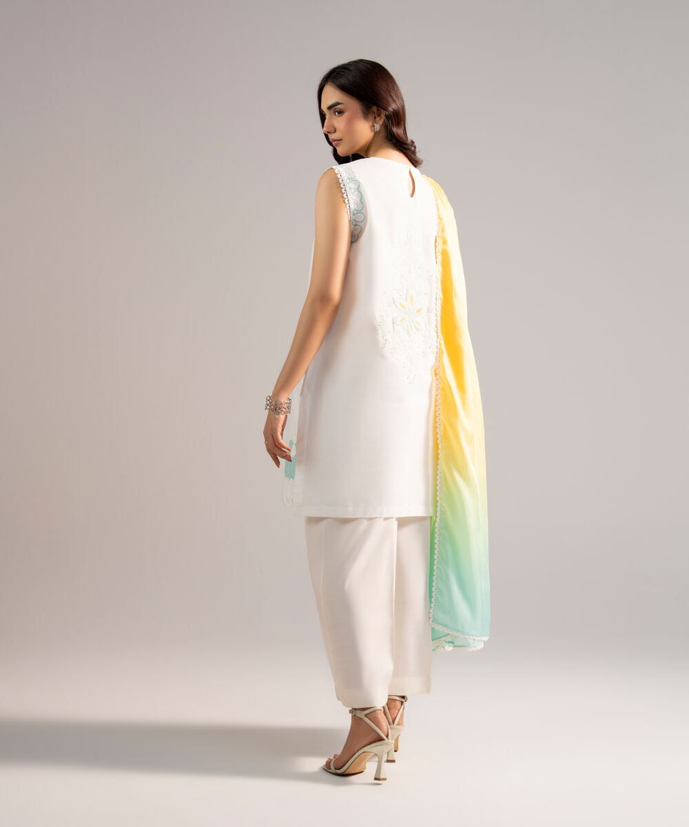 Women's RTW Cotton Satin Embroidered White 2 Piece Suit