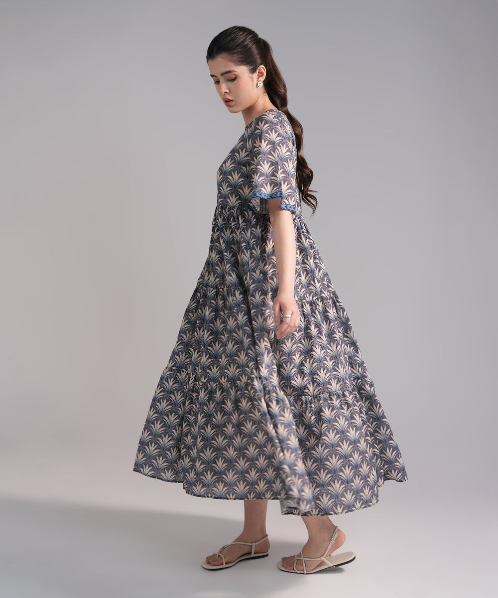 Women's RTW Slub Lawn Printed Dark Blue Dress Shirt