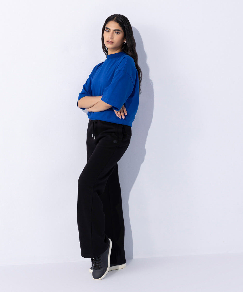 Woman - Black Fleece Wide Leg Jogging Trousers