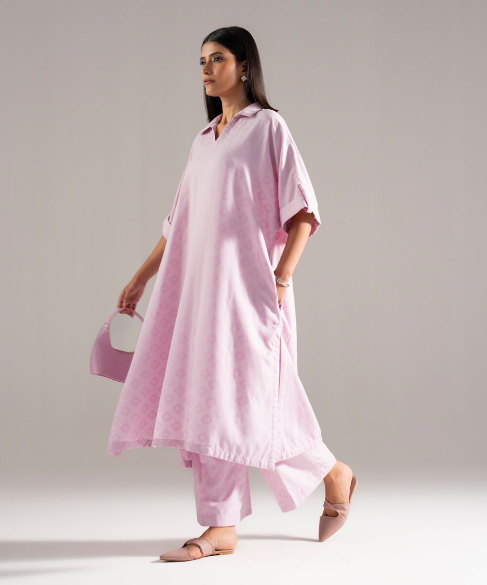 Women's RTW Poly Viscose Jacquard Solid Pink Drop Shoulder Shirt