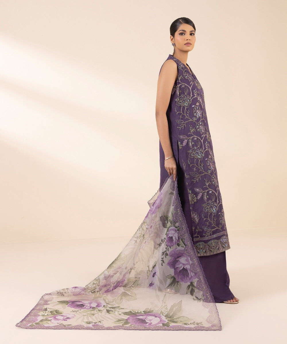 Woman - Purple 3 Piece - Embroidered Organza Suit