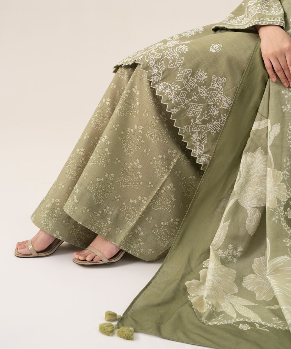 Women's Unstitched Cotton Embroidered Light Green 3 Piece Suit