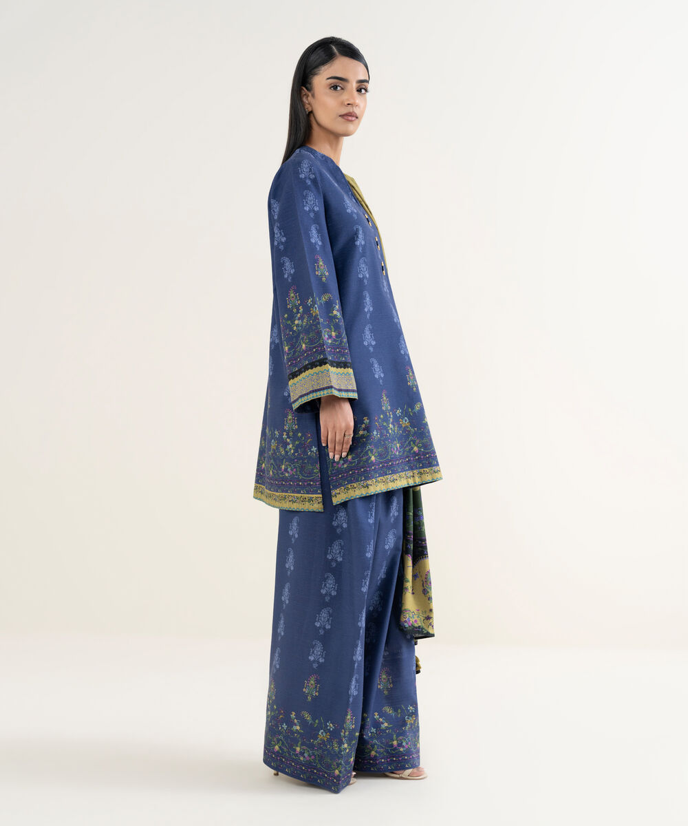 Women's Unstitched Printed Light Khaddar Blue 3 Piece Suit